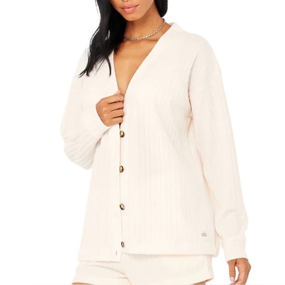 ALO Yoga Ribbed Take Comfort Cardigan white Size Large - Picture 1 of 5